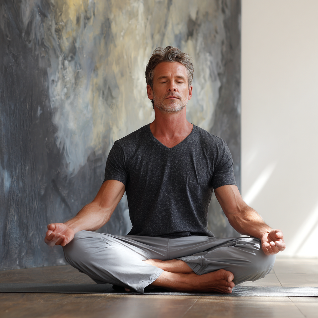 Middle-aged man practicing yoga in serene studio environment
